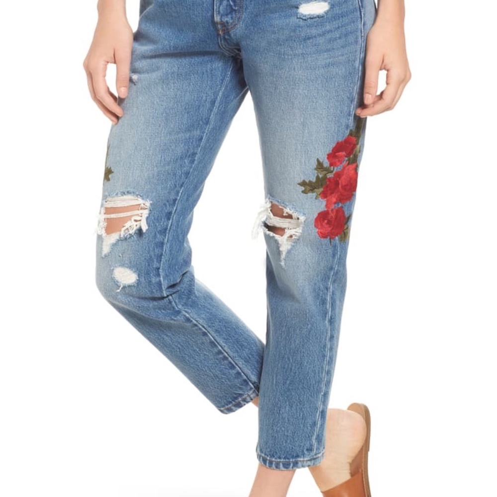 Levi's 501 Taper cropped floral distressed jeans